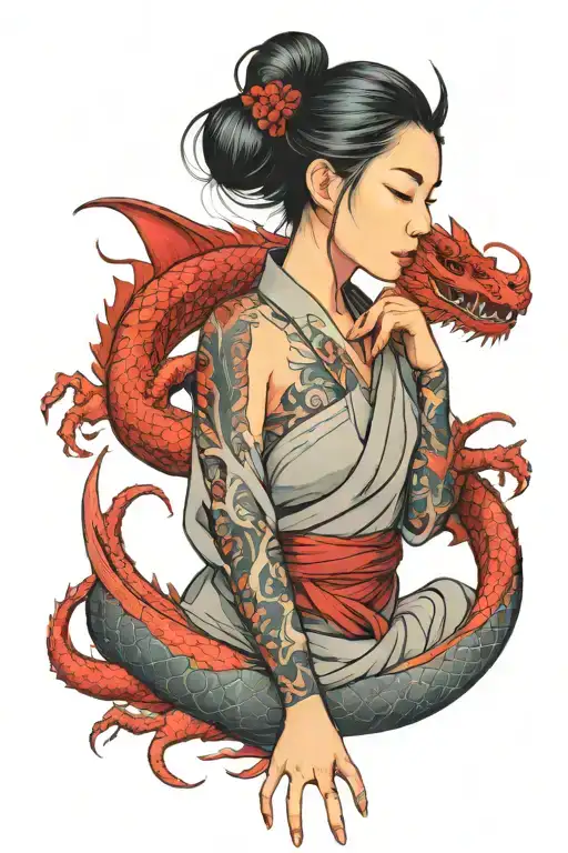 asian girl wrapped by a red dragon tattoo design idea