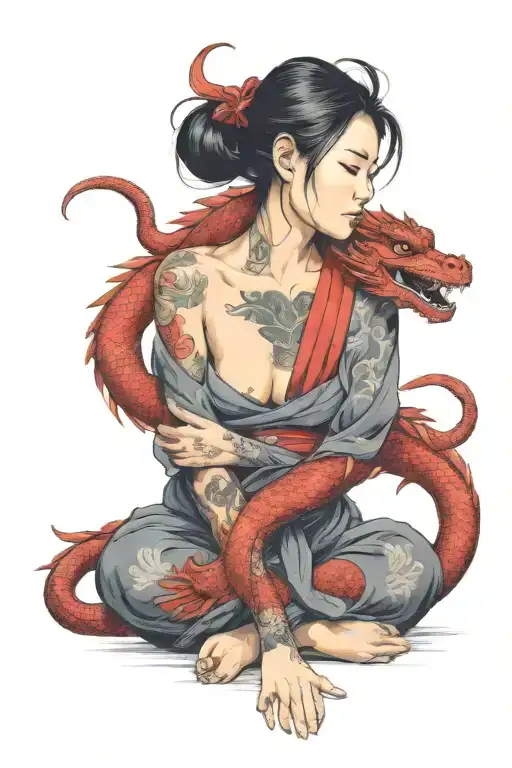 asian girl wrapped by a red dragon tattoo design idea
