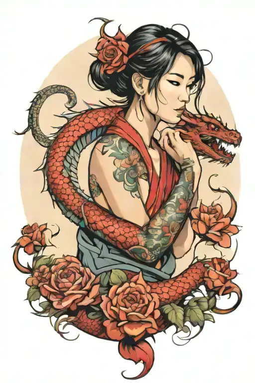 asian girl wrapped by a red dragon with roses tattoo design idea