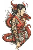 asian girl wrapped by a red dragon tattoo design idea