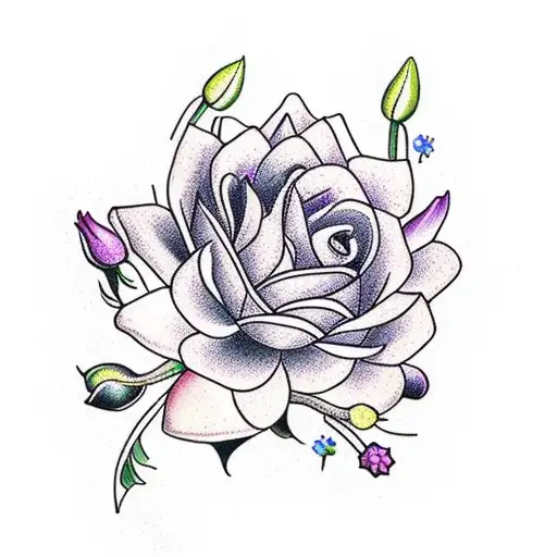 garden with these flowers, rose, lily of the valley, violet, water lily, two chrysanthemum  tattoo design idea