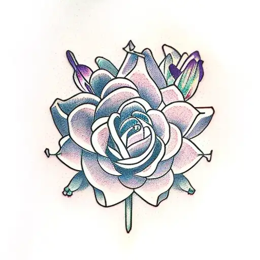 garden with rose, lily of the valley, violet, water lily, two chrysanthemum  tattoo design idea