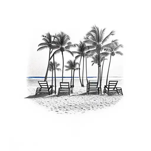 chairs on a beach with palm trees tattoo design idea