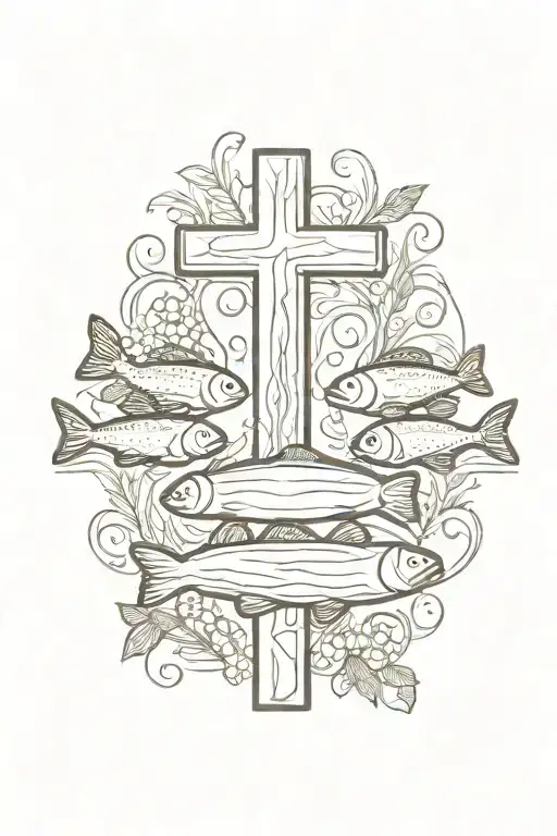 Five loaves and two fish Christian Cross tattoo design idea