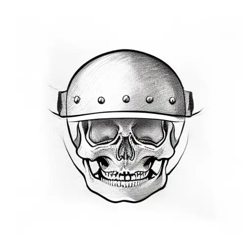 Skeleton with biker helmet in his hand and a cap on his head tattoo design idea