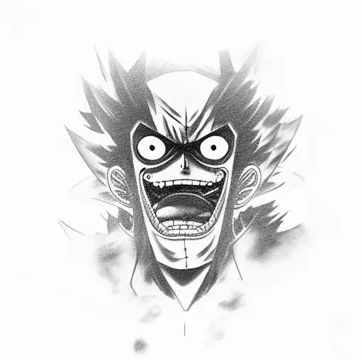 A mesmerizing black and grey portrait of Luffy in Gear 5 tattoo design idea
