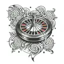 Create a dotwork tattoo of a roulette wheel surrounded by a swirling chaosphere tattoo design idea