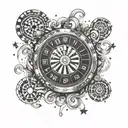 Create a dotwork tattoo of a roulette wheel surrounded by a swirling chaosphere tattoo design idea