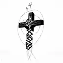 a cross with a mountain in the background with God is greater than highs and lows symbol  tattoo design idea