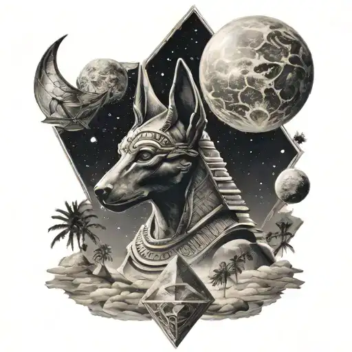 anubis with pyramids and planets in the sky background  tattoo design idea