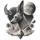 anubis with pyramids and planets in the sky background  tattoo design idea