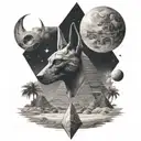 anubis with pyramids and planets in the sky background  tattoo design idea