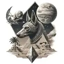 anubis with pyramids and planets in the sky background  tattoo design idea