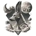 anubis with pyramids and planets in the sky background  tattoo design idea