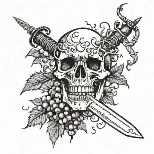 Skull with opened mouth sticking long sword and surrounded by Grapevines tattoo design idea