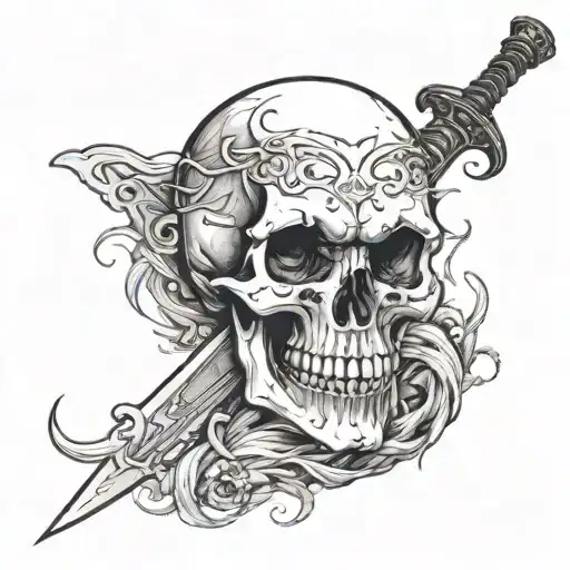 Skull with opened mouth sticking long sword and surrounded by wains  tattoo design idea
