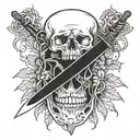 Skull with opened mouth sticking long sword and surrounded by vines tattoo design idea