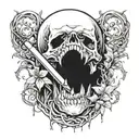 Skull with opened mouth sticking long sword and surrounded by vines tattoo design idea