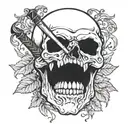 Skull with opened mouth sticking long sword and surrounded by vines tattoo design idea