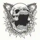 Skull with opened mouth sticking long sword and surrounded by vines tattoo design idea