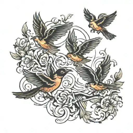 4 birds flying together,   one bird flying away  tattoo design idea