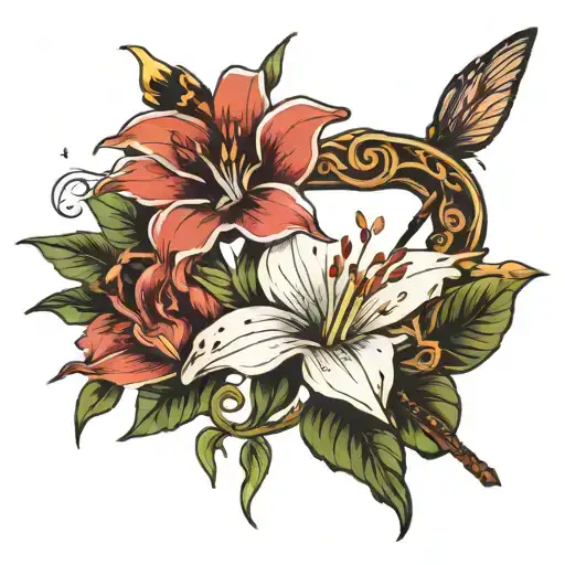 plant bow with an arrow who goes from a lily to a butterfly  tattoo design idea