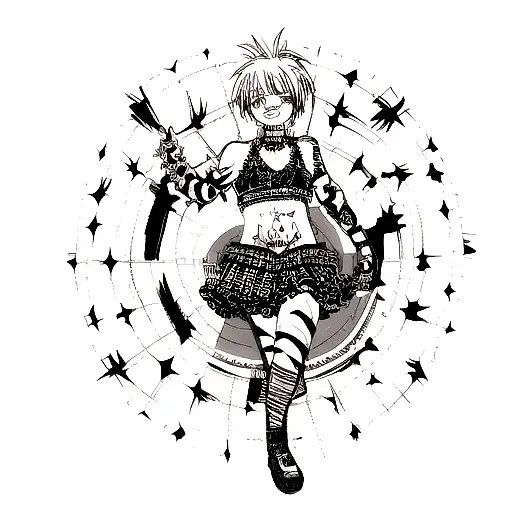 "Create a tattoo sketch in a trash polka style blended with chaos for the forearm area. Preferably emphasizing linear el tattoo design idea