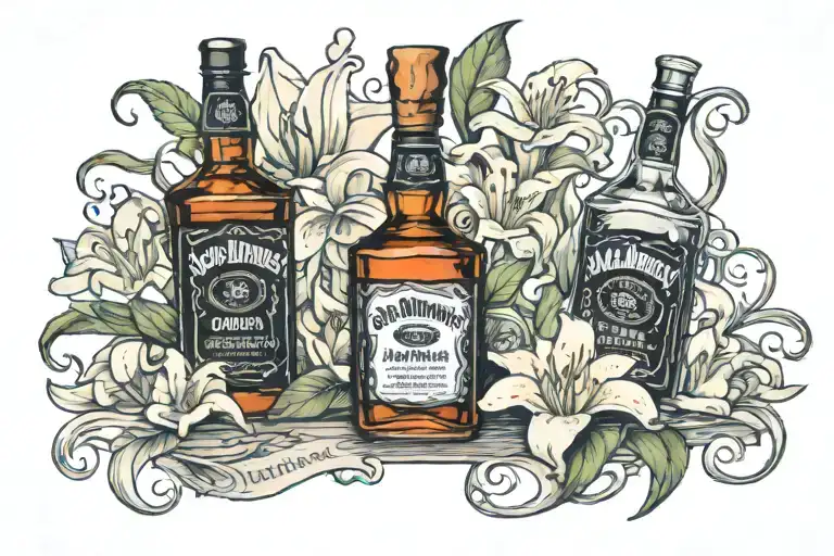 a bottle of jack daniels, a pixie and a lily flower tattoo design idea