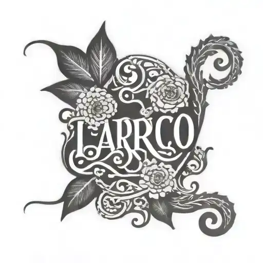 An ambigram tattoo of the text LAROCO incorporating elements of nature, such as trees, flowers, and animals tattoo design idea