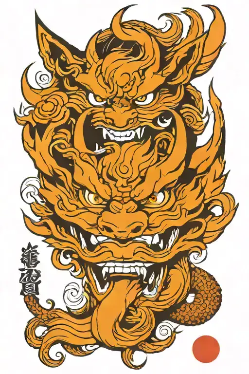 Oni Mask and Kitsune Mask split in half tattoo design idea