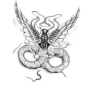 Butterfly with wing on fire with a snake wrapped around its core tattoo design idea