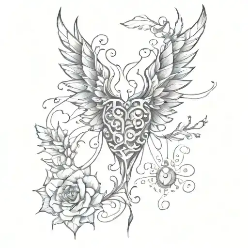 Symmetry, Central Spine-Like Pattern, Heart and Wing Elements,Floral and Thorny Accents tattoo design idea