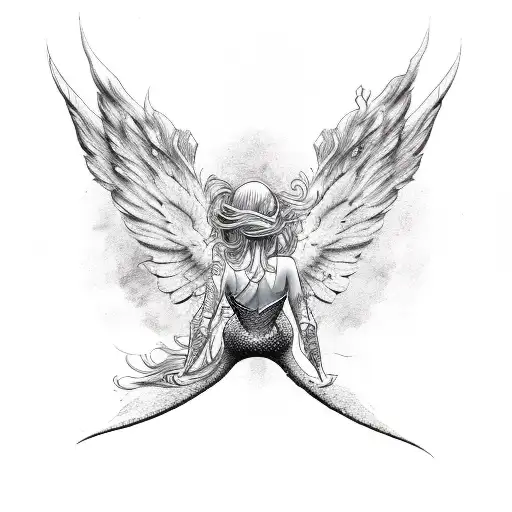 mermaid with seraphim wings tattoo design idea