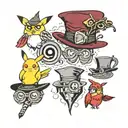 harry potter, pikachu, red of angry birds, mad hatter hat, just dance logo, one minion and 50 fifty of grey logo tattoo design idea