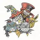 harry potter, pikachu, red of angry birds, mad hatter hat, just dance logo, one minion and 50 fifty of grey logo tattoo design idea
