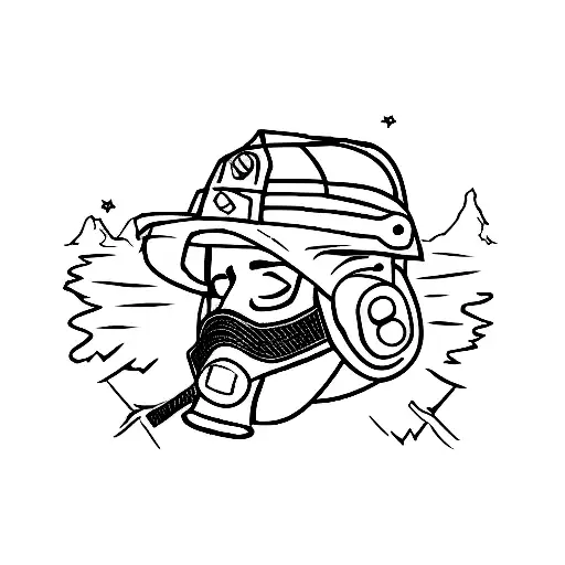 A minimalist tattoo of a firefighter's helmet with mountains and trees incorporated into the design tattoo design idea