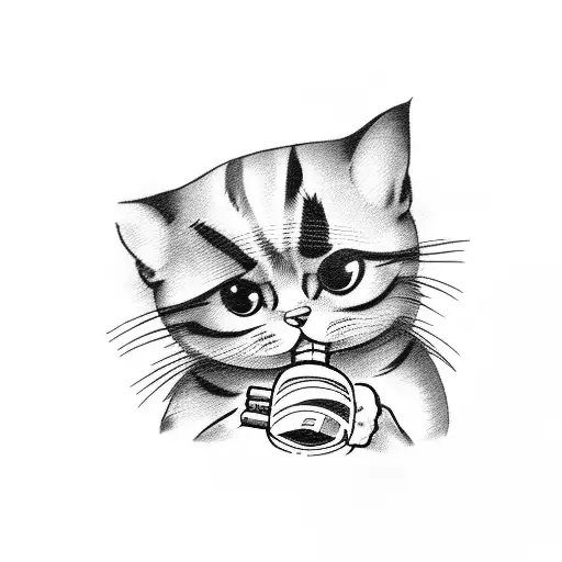 a cute cat holding a bottle of wine tattoo design idea