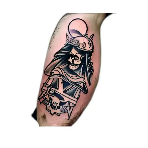 tarot card tattoo with a woman skull totem on her head tattoo design idea