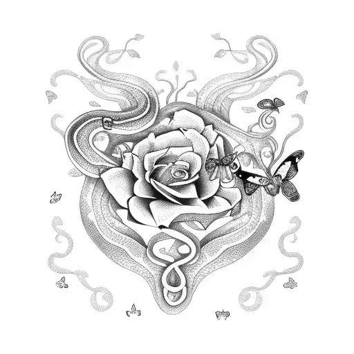 a snake with butterflies and roses tattoo design idea
