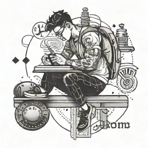 A tattoo featuring a student studying in a gym setting, with motivational quotes and academic symbols incorporated into the design tattoo design idea