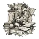 A tattoo featuring a student studying in a gym setting, with motivational quotes and academic symbols incorporated into the design tattoo design idea