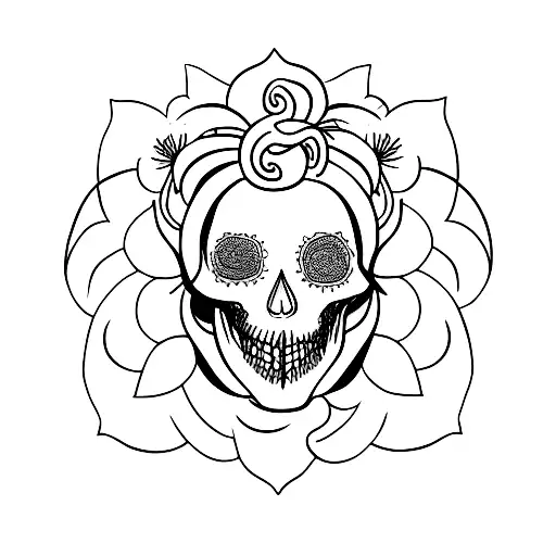 A minimalist tattoo of a Medusa half skull adorned with blooming flowers tattoo design idea