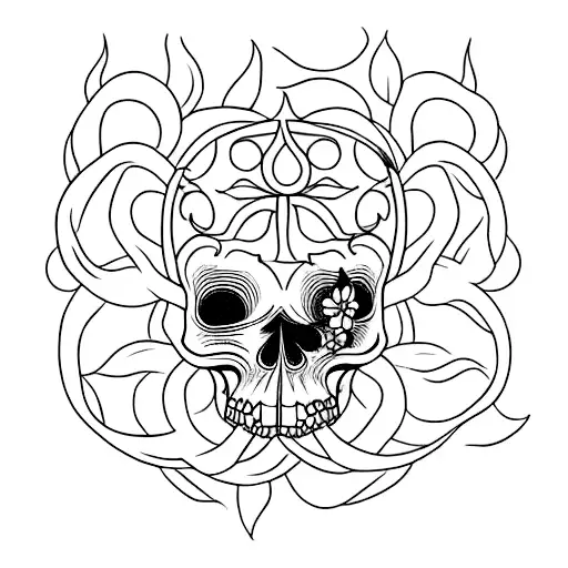 A minimalist tattoo of a Medusa half skull adorned with blooming flowers tattoo design idea