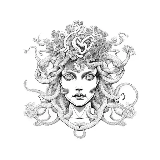 A mystical Medusa adorned with vibrant flowers, blending the beauty of nature with the allure of mythology tattoo design idea