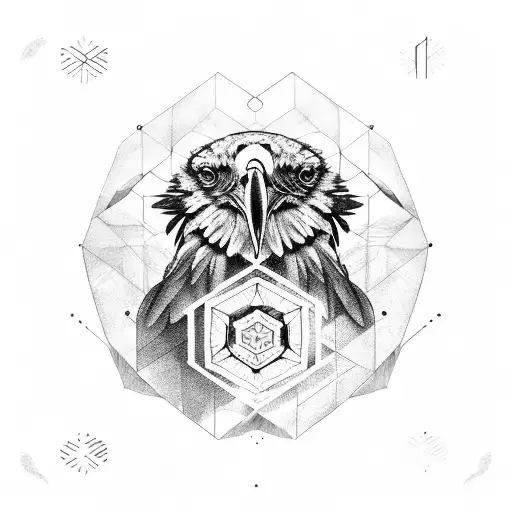 black raven in the centre, background solid black lines with geometric and dot shading, XL Back piece  tattoo design idea