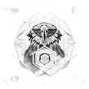 black raven in the centre, background solid black lines with geometric and dot shading, XL Back piece  tattoo design idea