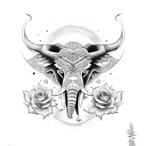 totem in orden from top to bottom humming bird, roses, bull, elephant and wolf tattoo design idea