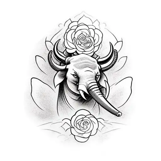 totem in orden from top to bottom humming bird, roses, bull, elephant and wolf tattoo design idea