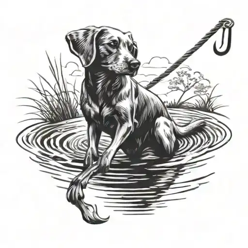 A black-grey tattoo of a hunting dog retrieving a duck from a pond, with a fishing hook dangling from its mouth tattoo design idea