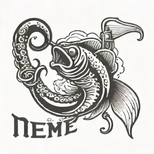 Fishing hook with line coming out of it and the line spelling MeeMee gone fishin tattoo design idea
